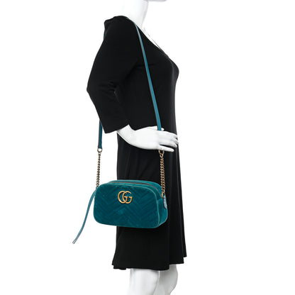 Gucci Velvet Matelasse Small GG Marmont Chain Shoulder Bag Pavone Cyan 2 of 13