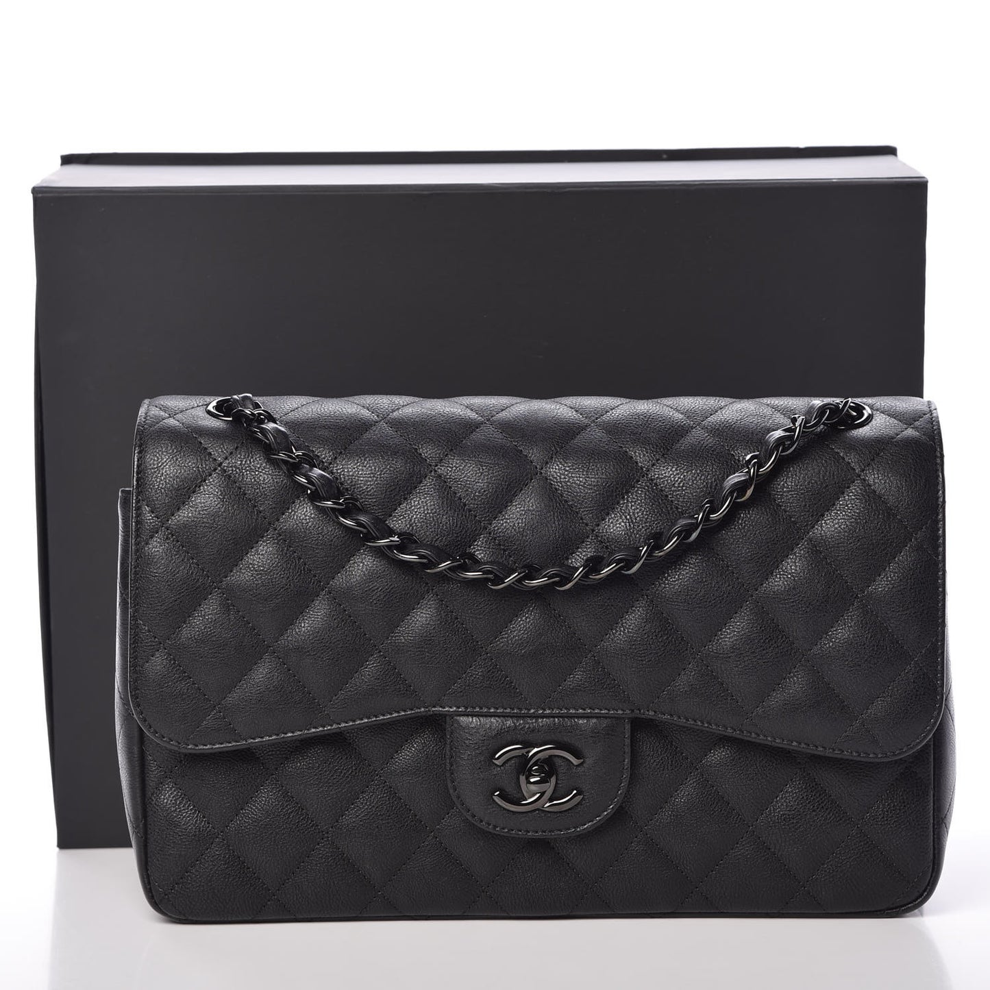 Crumpled Calfskin Quilted Jumbo Double Flap So Black