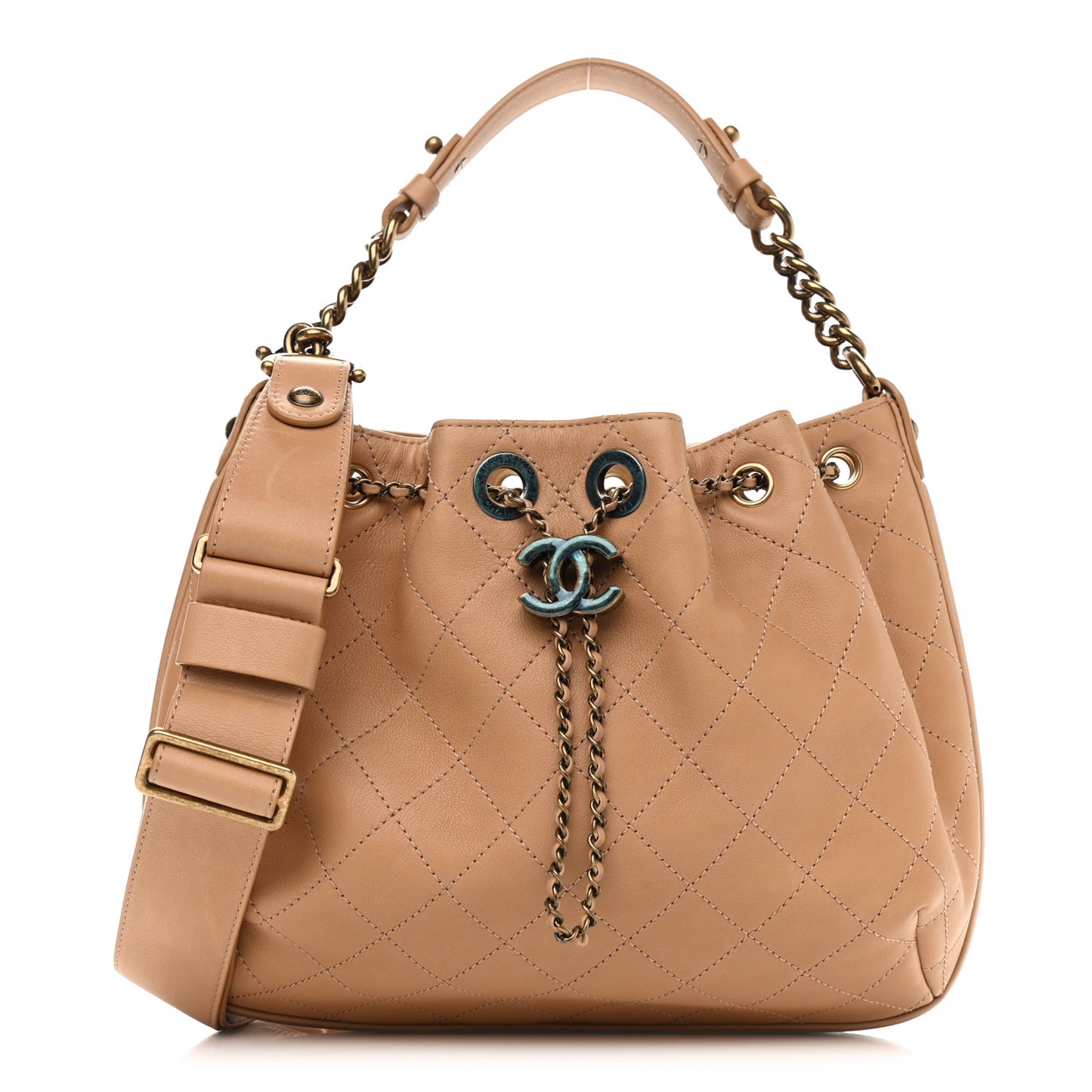 Calfskin Stitched Medium Drawstring CC Bag Beige
