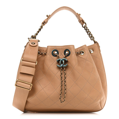 Chanel Calfskin Stitched Medium Drawstring CC Bag Beige 1 of 9