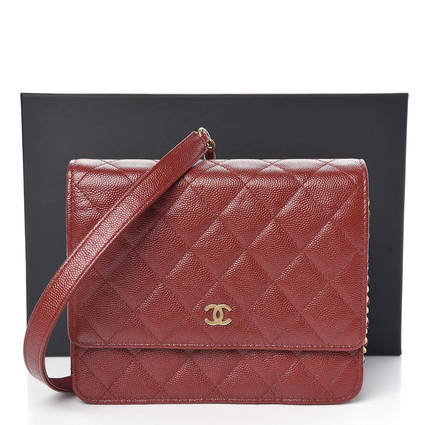 Iridescent Caviar Quilted Square Wallet On Chain WOC Burgundy