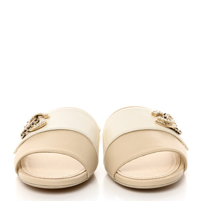 Chanel Lambskin Pearl Crystal CC Mules Sandals 38 Beige 2 of 9
