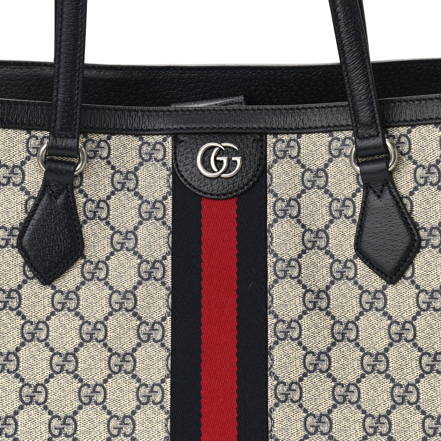 GG Supreme Monogram Textured Calfskin Web Medium Ophidia Shopping Tote Beige Blue