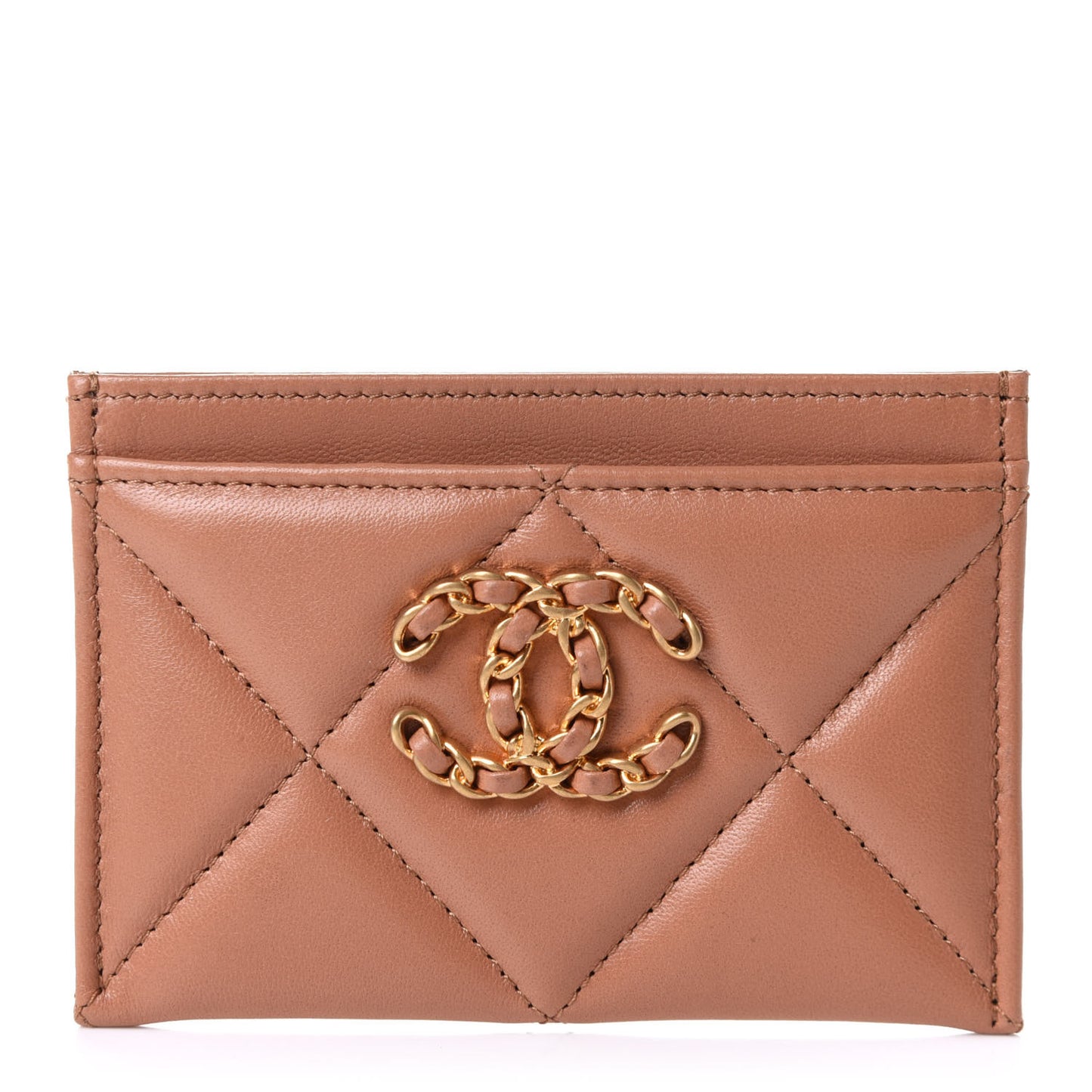 Lambskin Quilted Chanel 19 Card Holder Brown