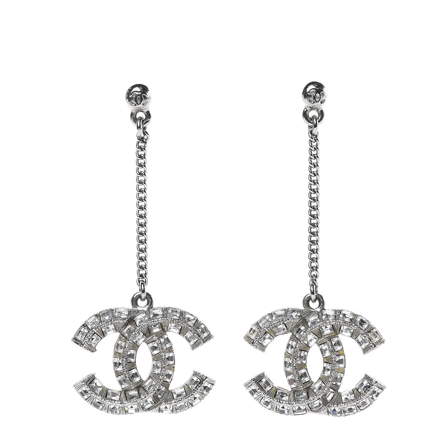 Chanel Baguette Crystal CC Drop Earrings Silver 1 of 4
