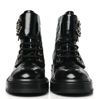 Chanel Shiny Goatskin Calfskin Quilted Lace Up Combat Boots 36 Black 2 of 8