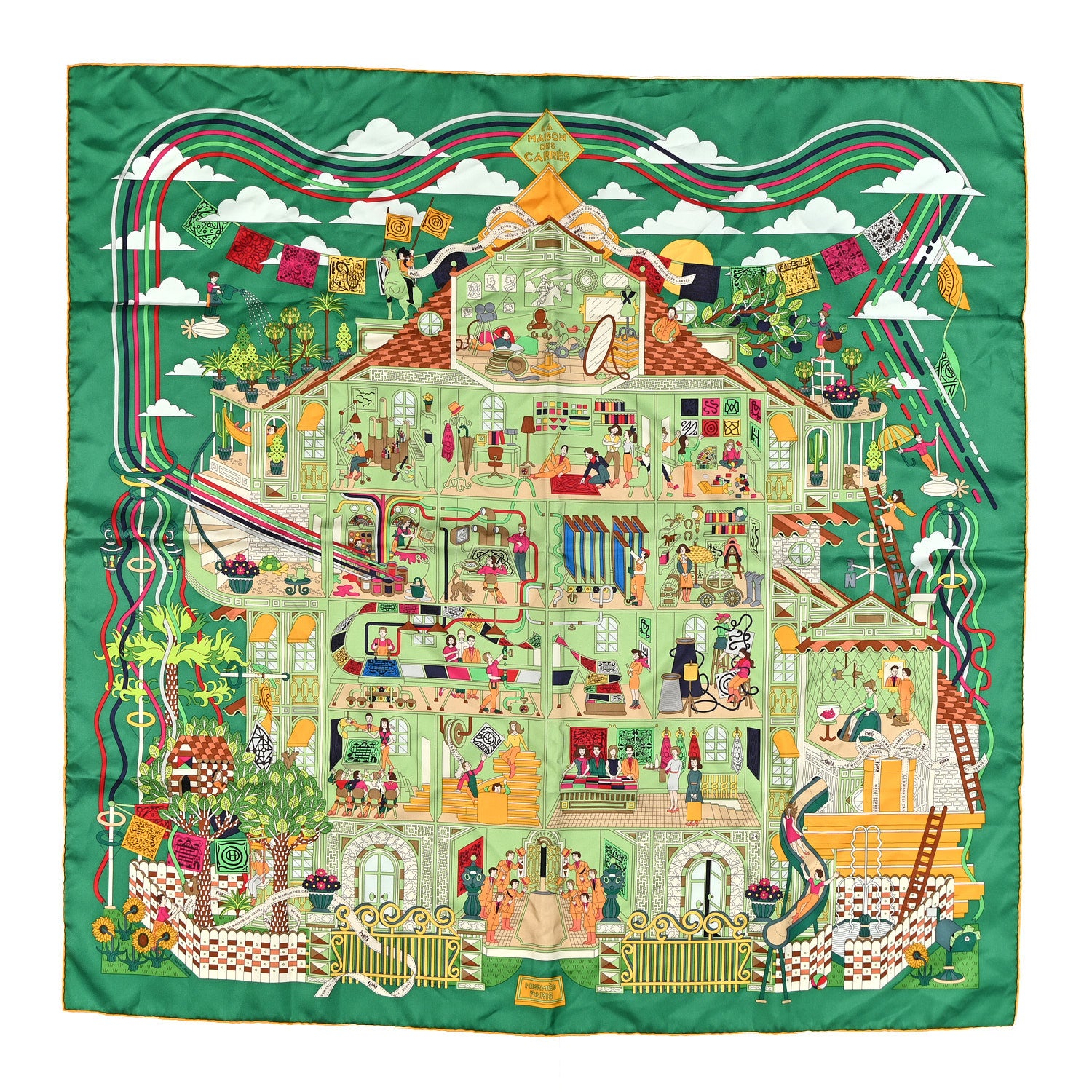 Hermes Silk La Maison Des Carres Scarf 90 Vert Soleil Beige 1 of 5