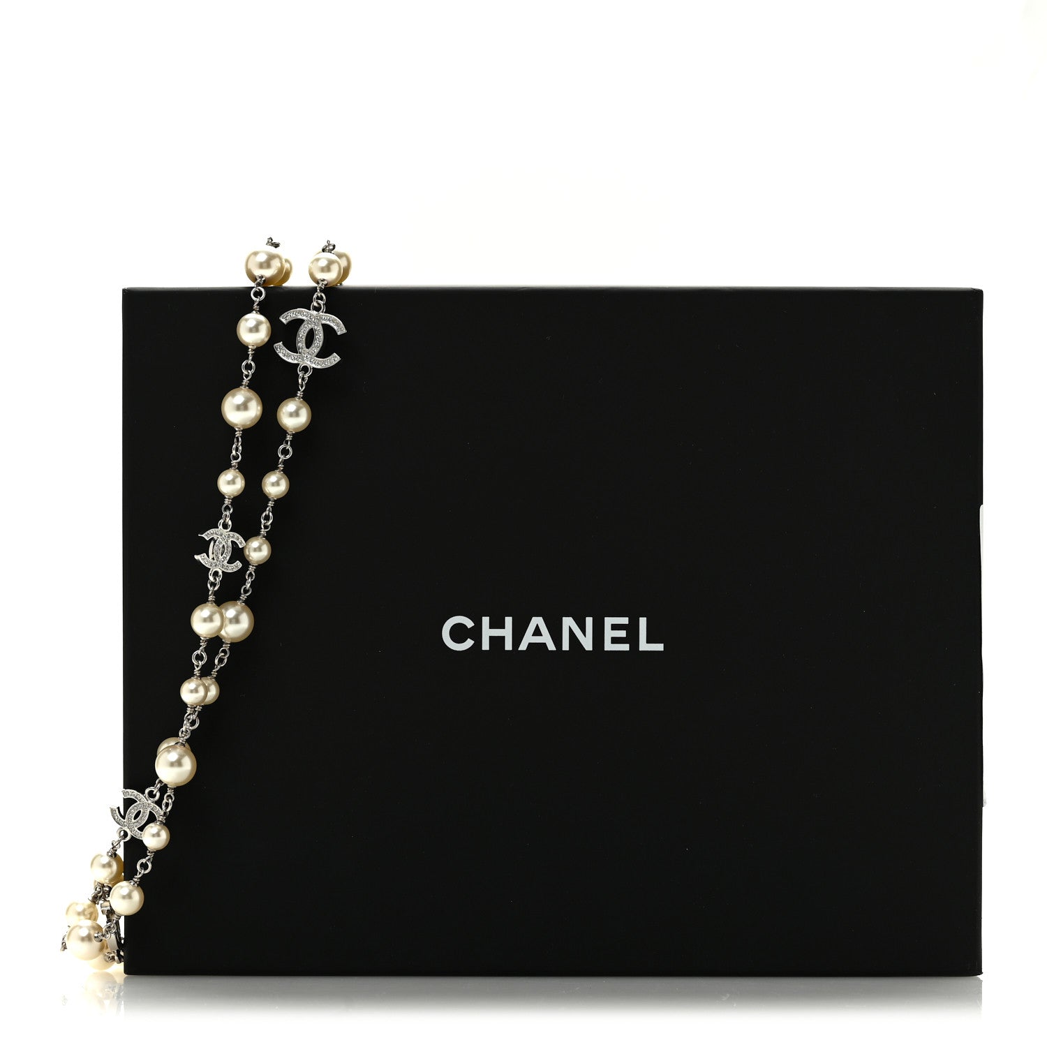 Chanel Graduated Pearl Crystal CC Long Necklace Silver 6 of 6