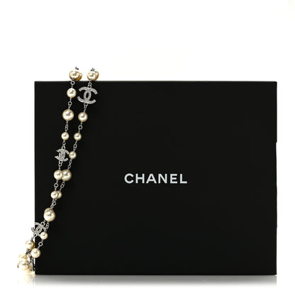 Chanel Graduated Pearl Crystal CC Long Necklace Silver 6 of 6