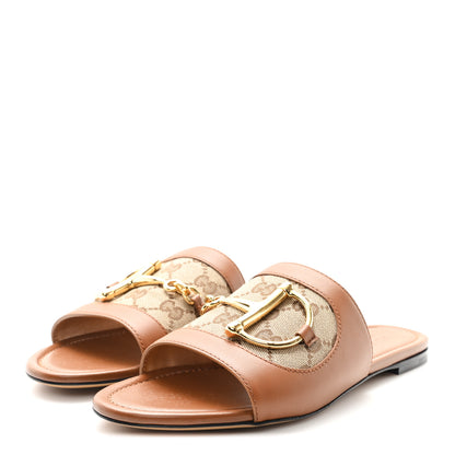 Gucci Calfskin Monogram Horsebit Womens Slide Sandals 37.5 Beige Ebony Sundial 4 of 10