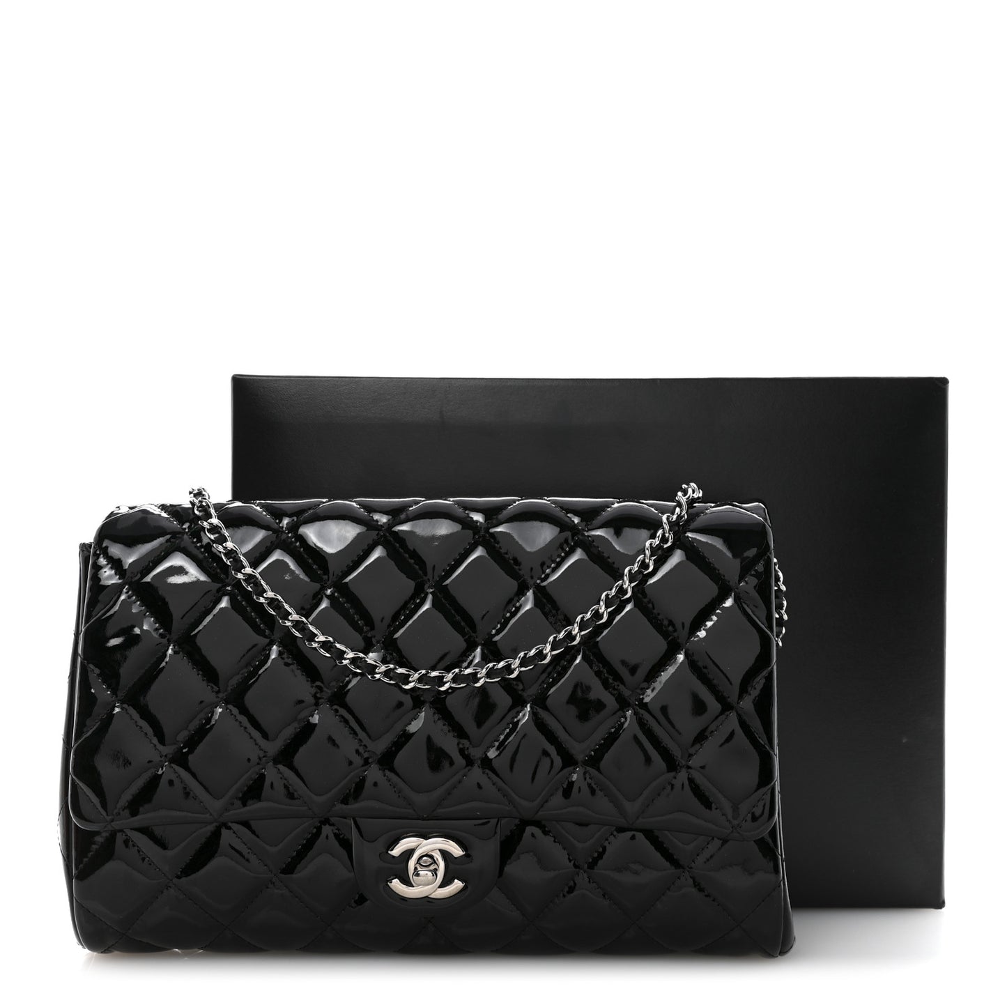 Patent Quilted Clutch with Chain Flap Black