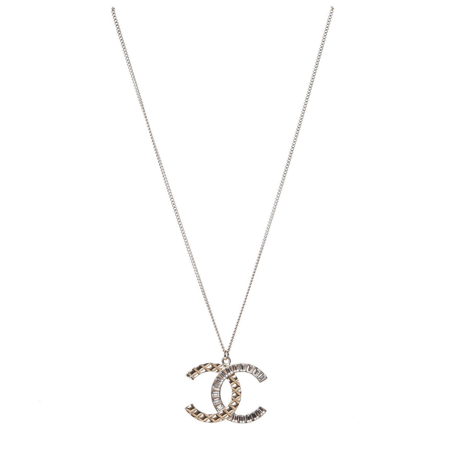Baguette Crystal Quilted CC Pendant Necklace Gold