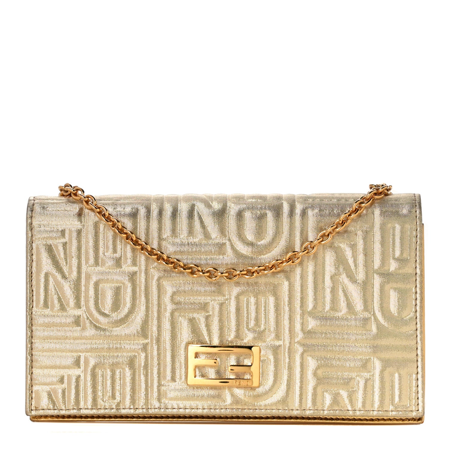 Fendi Metallic Lurex Logo Embossed Long Wallet On Chain Gold 1 of 10