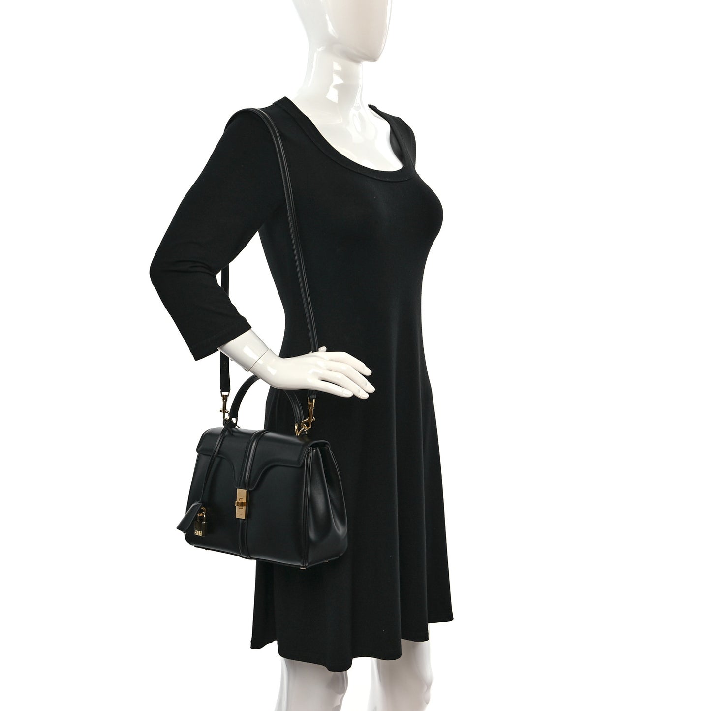 Satinated Calfskin Small 16 Top Handle Bag Black