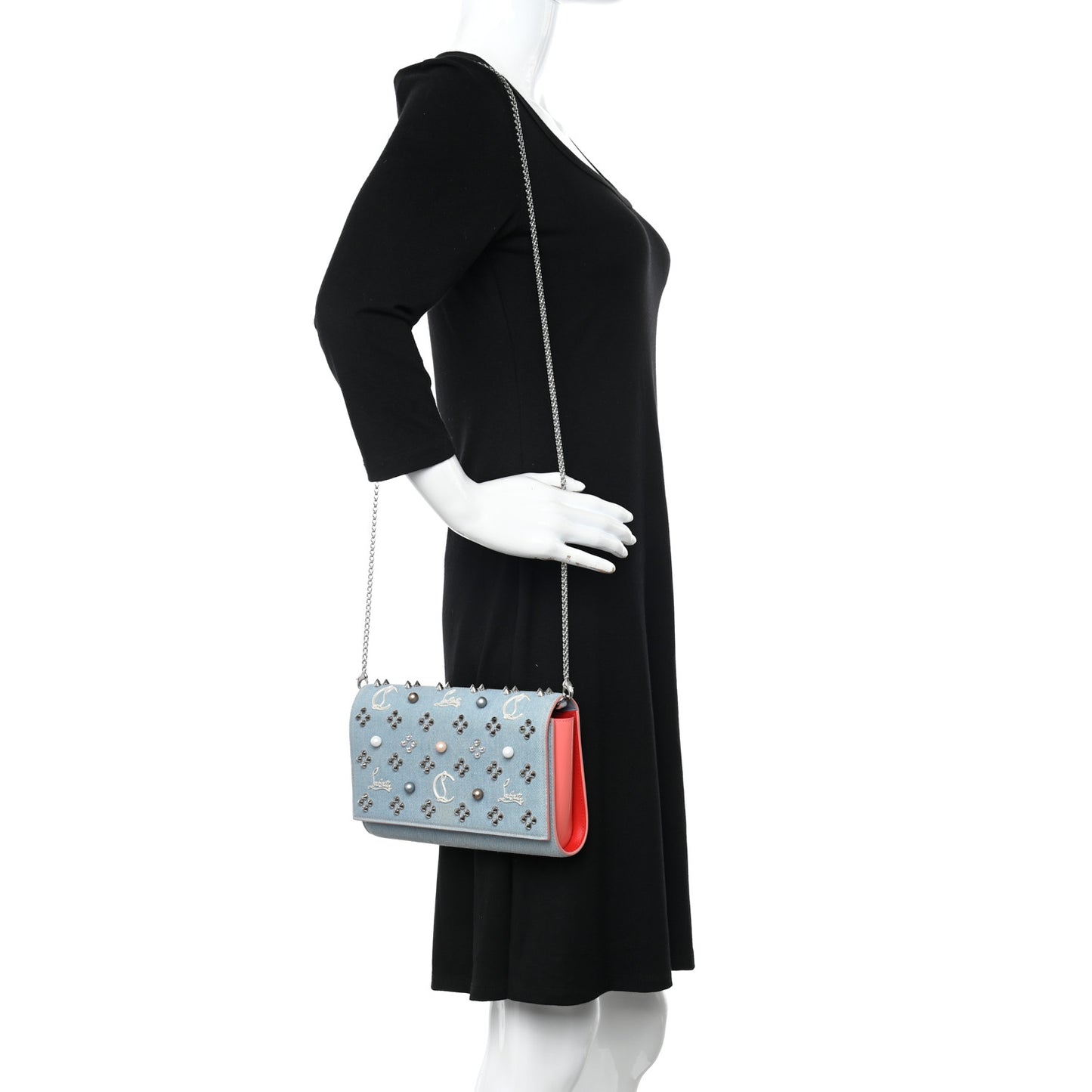 Denim Calfskin Patent Pearl Spikes Loubinthesky Paloma Clutch Paloma Blue