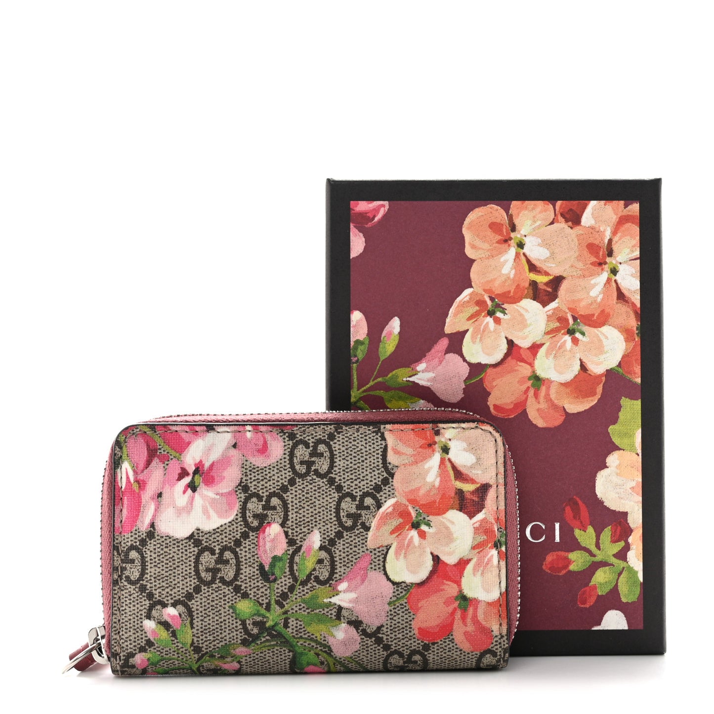 GG Supreme Monogram Blooms Zip Around Card Case Wallet Beige Multicolor Dry Rose