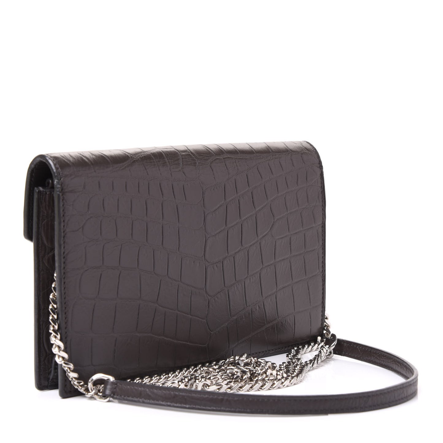 SAINT LAUREN Croc Embossed Monogram Envelope Chain Wallet Dark Anthracite