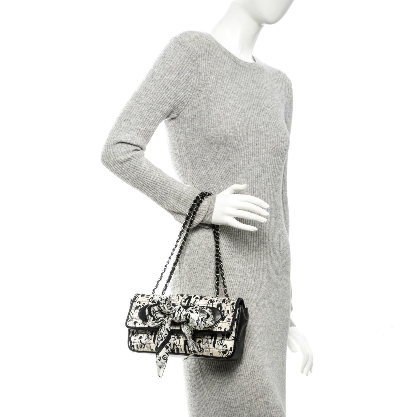 Silk Lambskin Coco Mademoiselle Scarf Flap Bag White Black