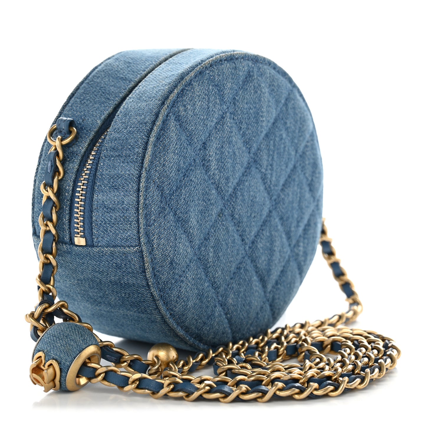 Denim Quilted Round Pearl Crush Clutch With Chain Blue