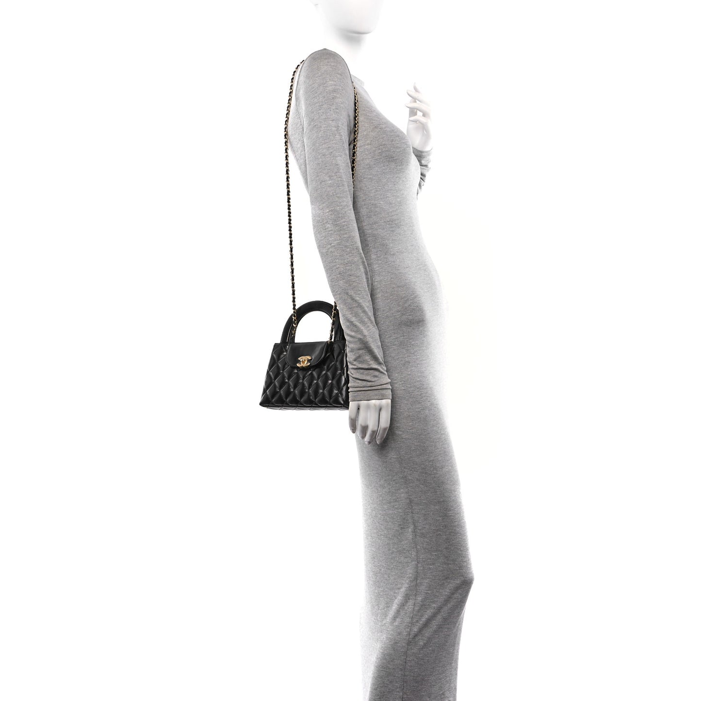 Shiny Aged Calfskin Quilted Nano Kelly Shopper Black