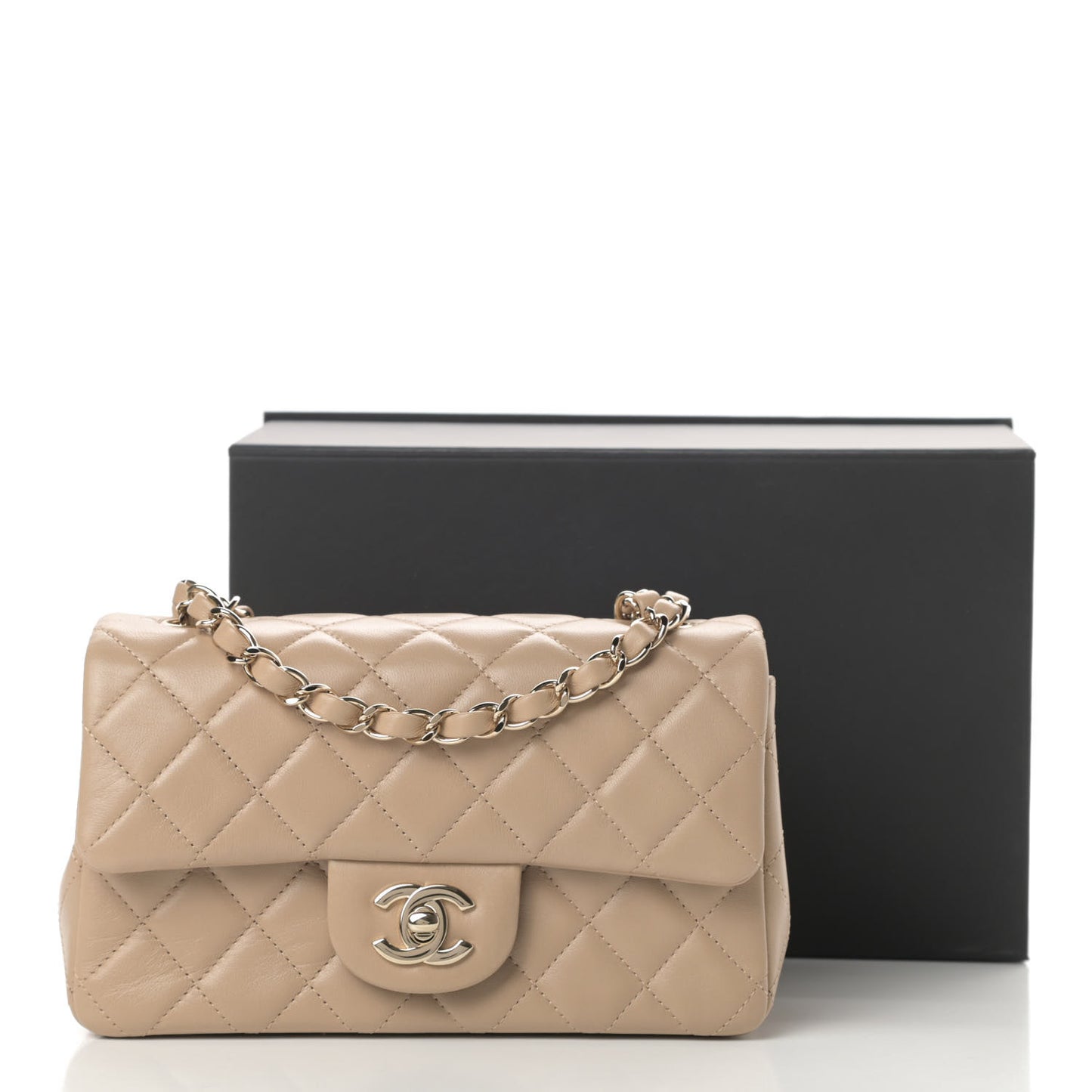 Lambskin Quilted Mini Rectangular Flap Dark Beige