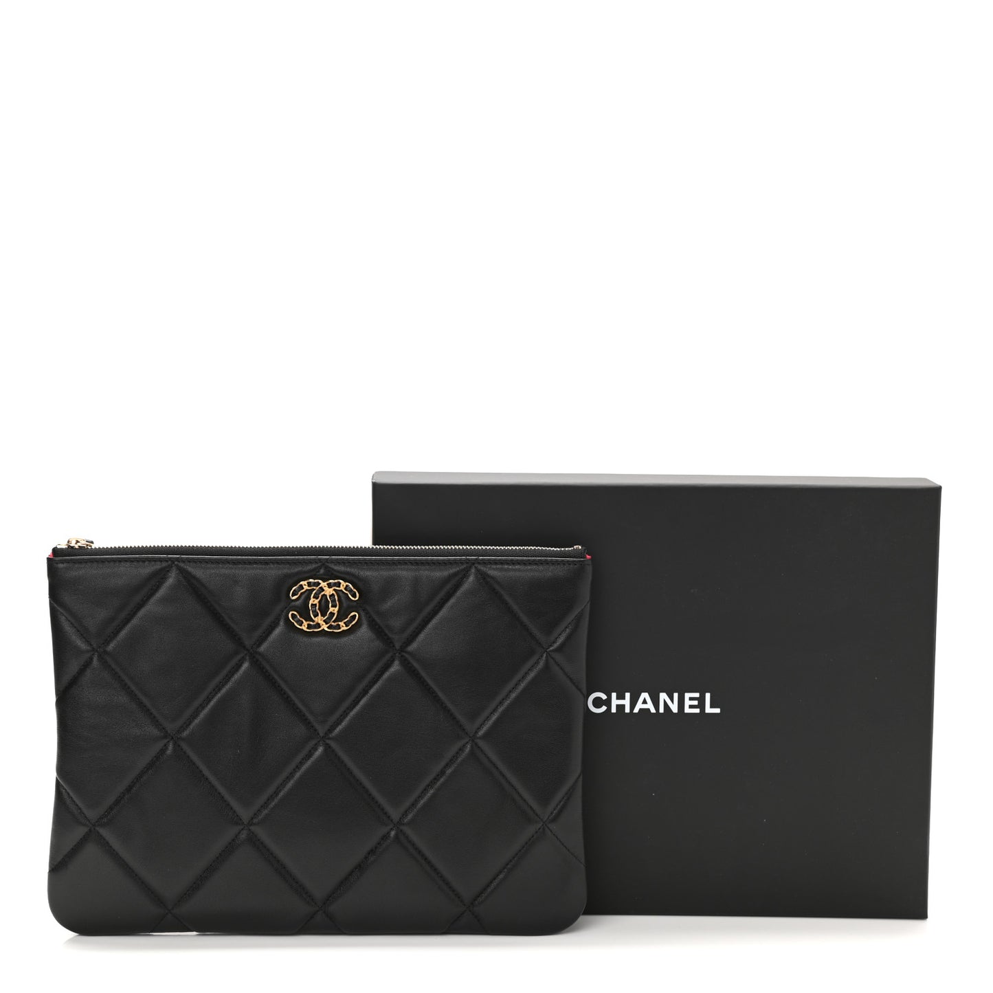 Goatskin Quilted Large Chanel 19 Pouch Black