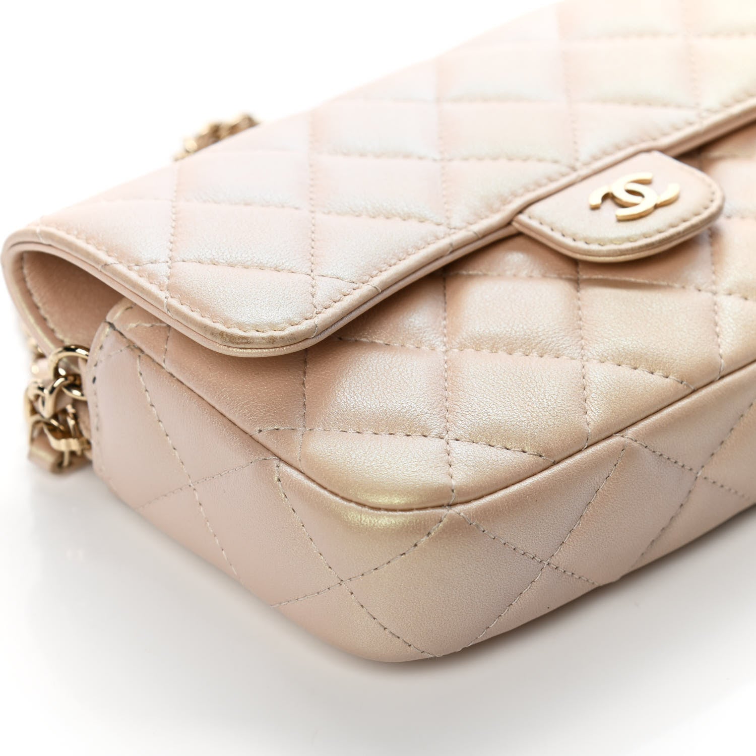 Chanel Iridescent Lambskin Quilted Flap Phone Holder With Chain Beige 11 of 13