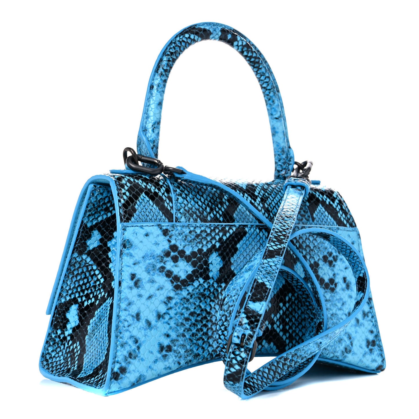 Shiny Calfskin Python Effect Small Hourglass Top Handle Bag Azur Black