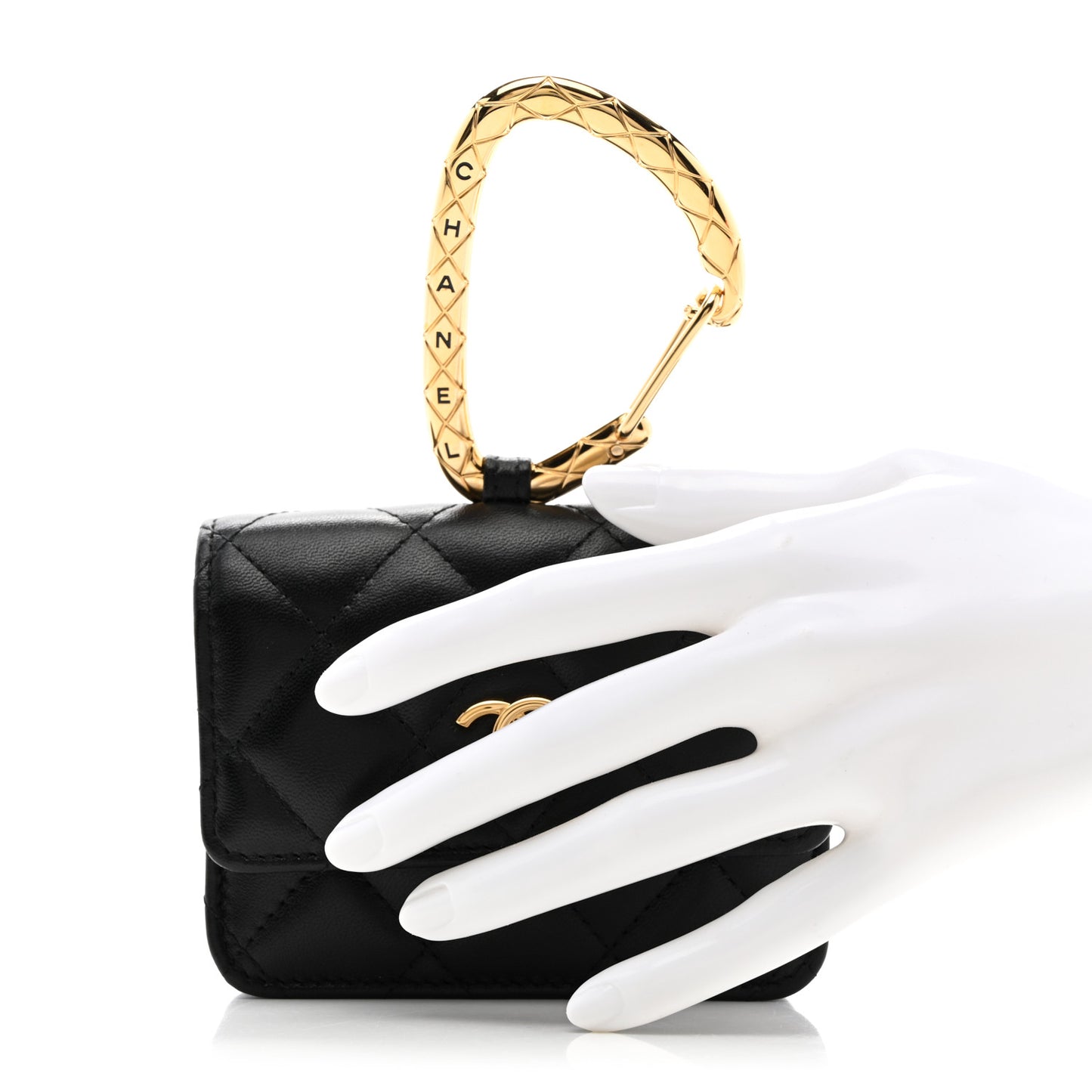 Lambskin Quilted CC Hook Card Holder Black