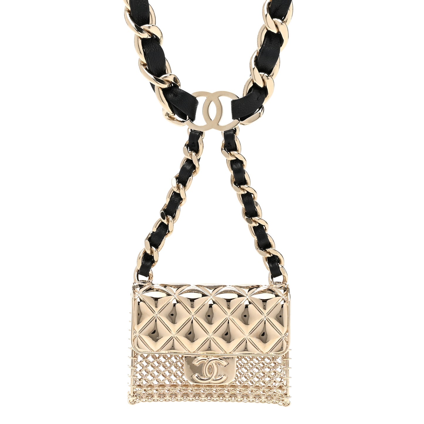 Metal Lambskin Pearl Chain Flap Bag Long Necklace Gold Black Pearly White
