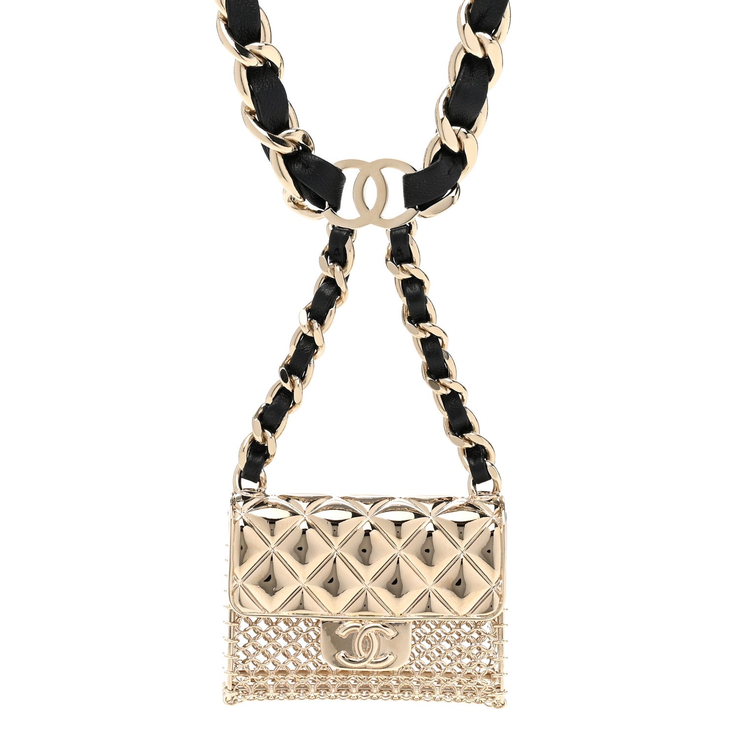 Chanel Metal Lambskin Pearl Chain Flap Bag Long Necklace Gold Black Pearly White 4 of 7