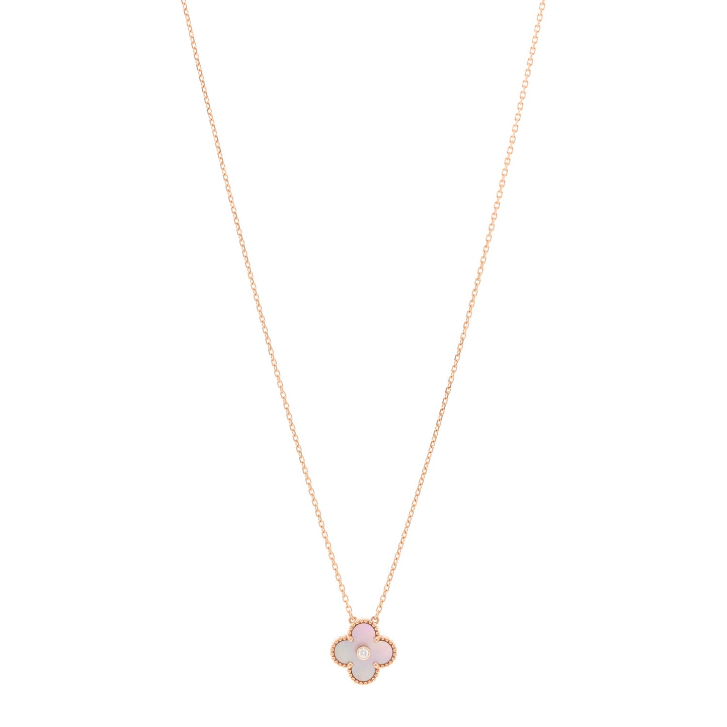 18K Rose Gold Diamond Pink Mother of Pearl Vintage Alhambra Pendant Necklace