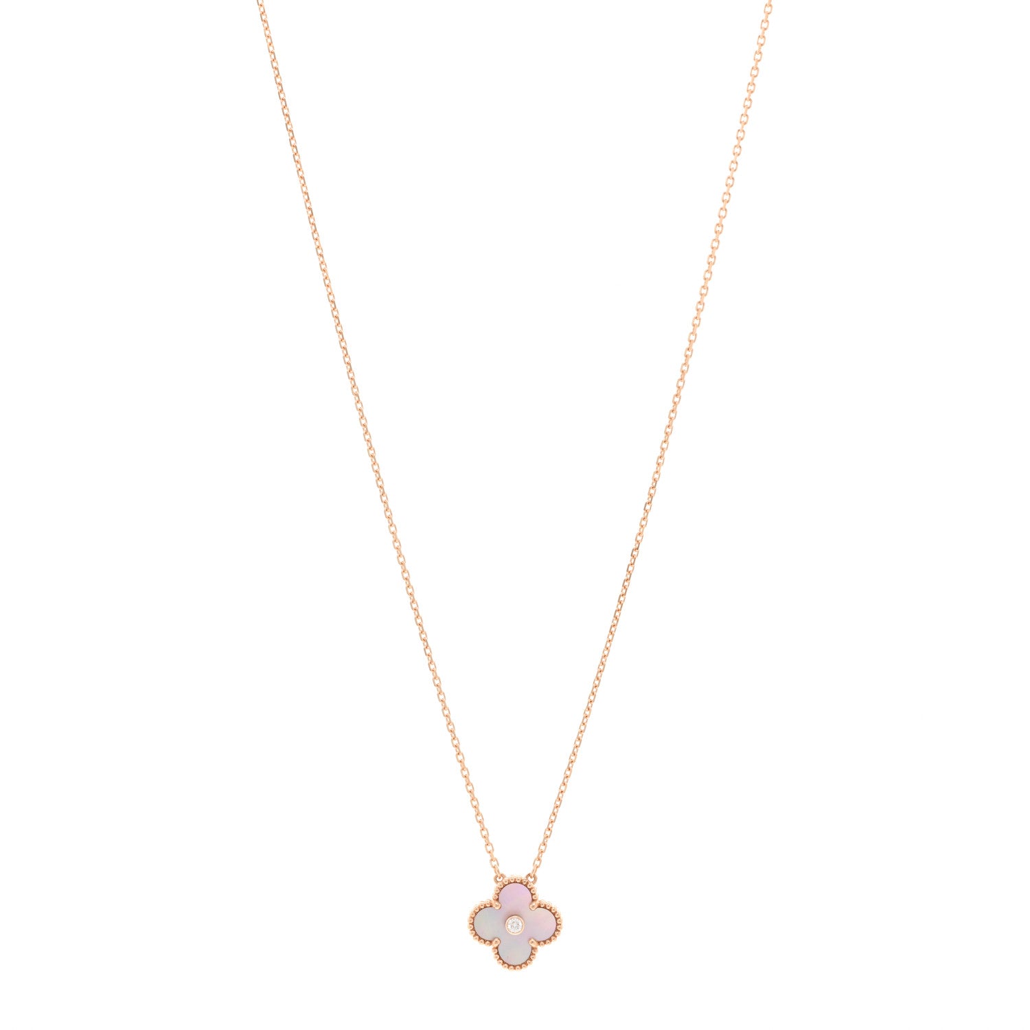 Van Cleef & Arpels 18K Rose Gold Diamond Pink Mother of Pearl Vintage Alhambra Pendant Necklace 1 of 6