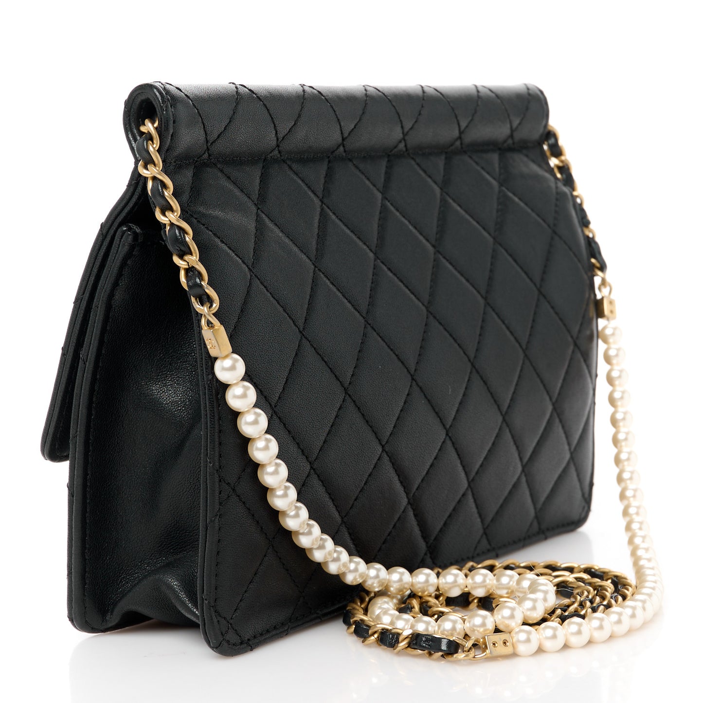 Lambskin Quilted Large Pearl Chain Flap Bag Black