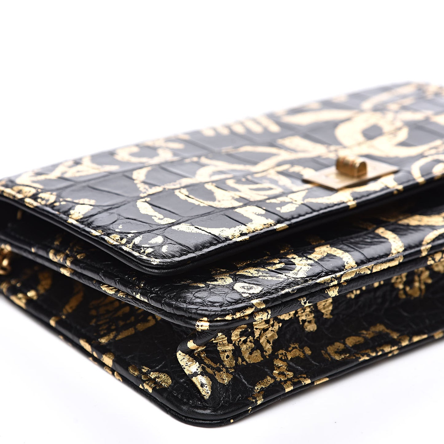 Calfskin Crocodile Embossed Graffiti 2.55 Crocodile Reissue Wallet On Chain WOC Black Gold