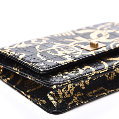 Chanel Calfskin Crocodile Embossed Graffiti 2.55 Crocodile Reissue Wallet On Chain WOC Black Gold 9 of 12