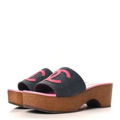 Chanel Fabric Suede Calfskin Wooden CC Clogs  37 Dark Grey Fuchsia 4 of 10