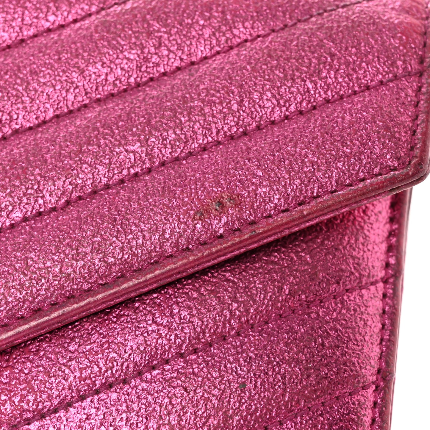Metallic Crackled Calfskin Matelasse Chevron Monogram Flap Wallet Fuchsia