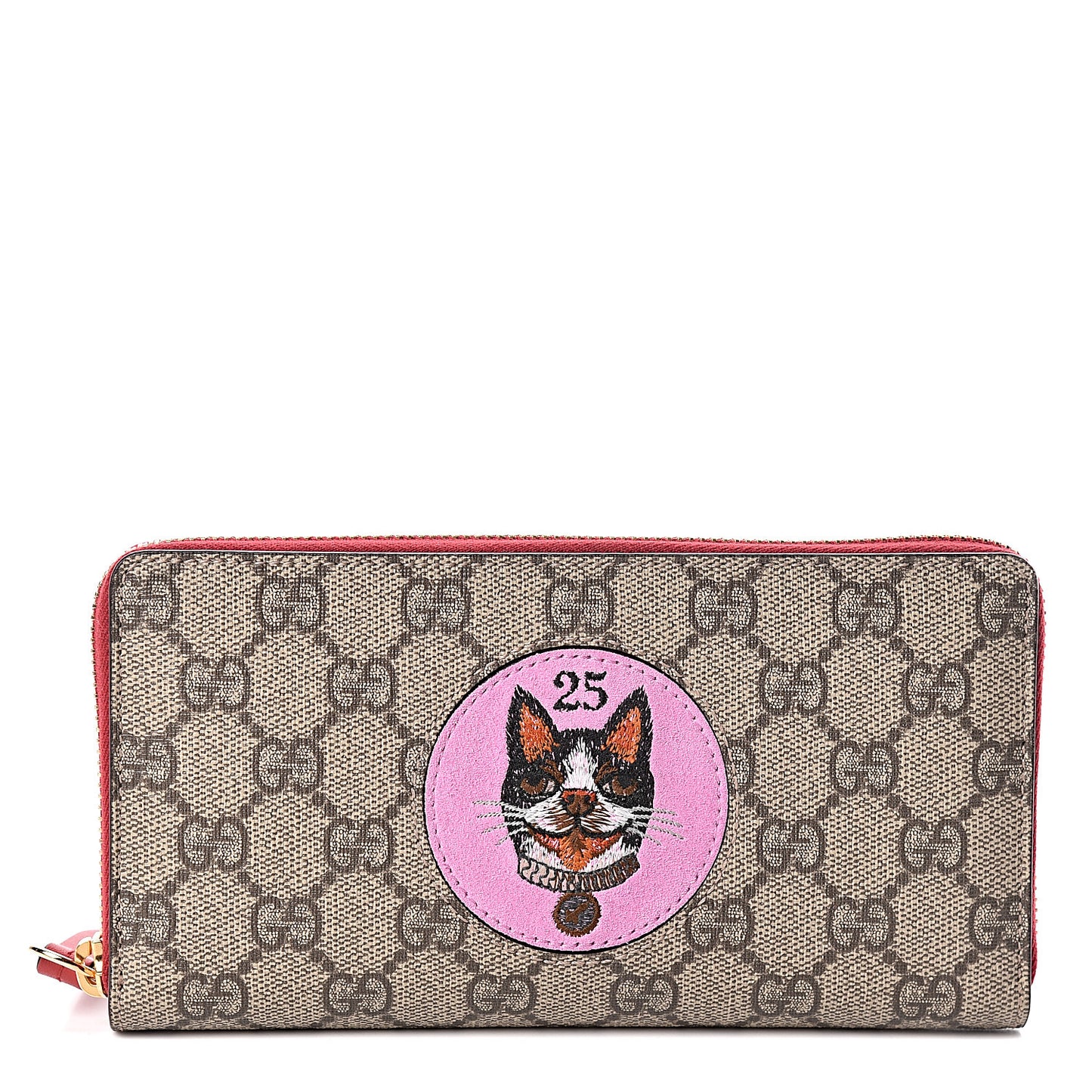 GG Supreme Monogram Bosco Patch Zip Around Wallet Beige Malva Hibiscus Red