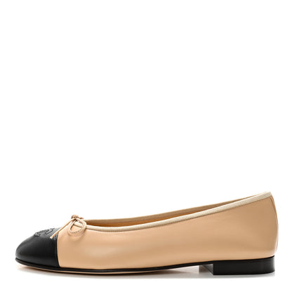 Chanel Lambskin Cap Toe CC Ballerina Flats 40 Beige Black 1 of 9