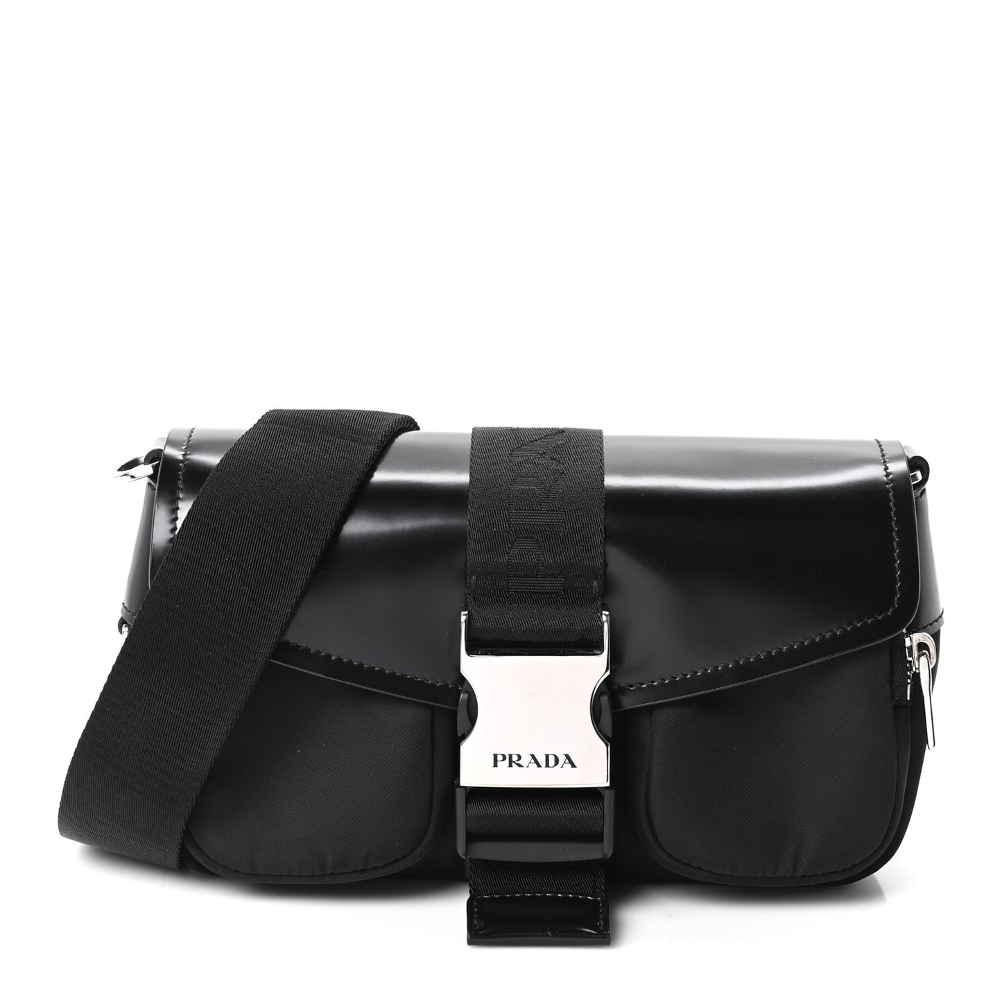 Re-Nylon Spazzolato Double Pocket Buckle Shoulder Bag Black
