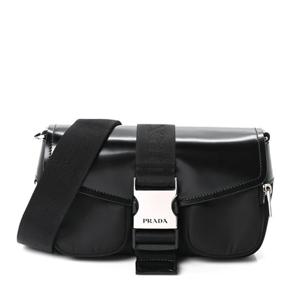 Prada Re-Nylon Spazzolato Double Pocket Buckle Shoulder Bag Black 1 of 10