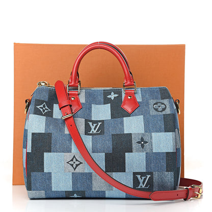 Louis Vuitton Denim Damier Monogram Patchwork Speedy Bandouliere 30 Blue Rouge 12 of 12