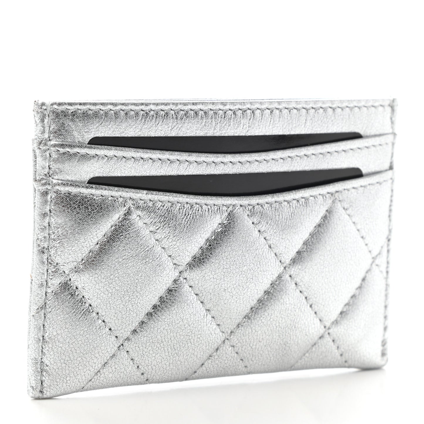 Metallic Lambskin Quilted Card Holder Silver