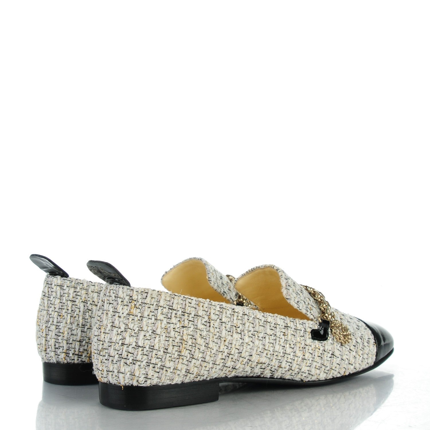 Chanel Tweed Patent Cap Toe CC Charm Loafers 37 Ecru Black Gold 4 of 9