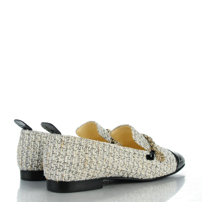 Chanel Tweed Patent Cap Toe CC Charm Loafers 37 Ecru Black Gold 4 of 9
