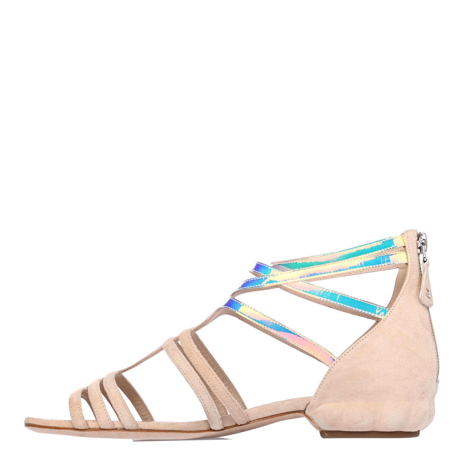 Chanel Suede Iridescent Patent Caged Sandals 37.5 Beige 1 of 4