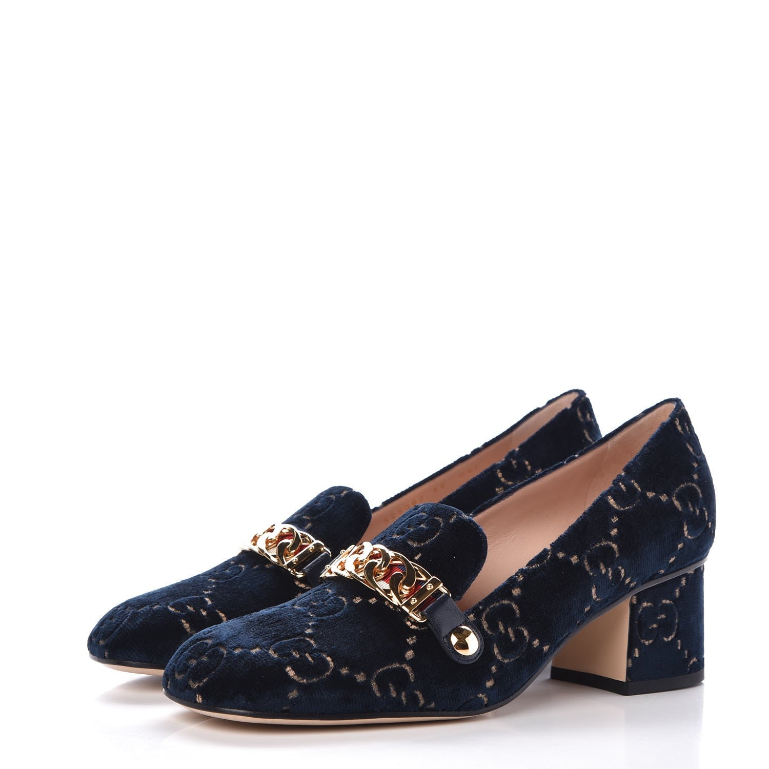 Gucci Velvet GG Monogram Sylvie Web Chain Mid Heel Loafers 39 Blue Beige 3 of 10