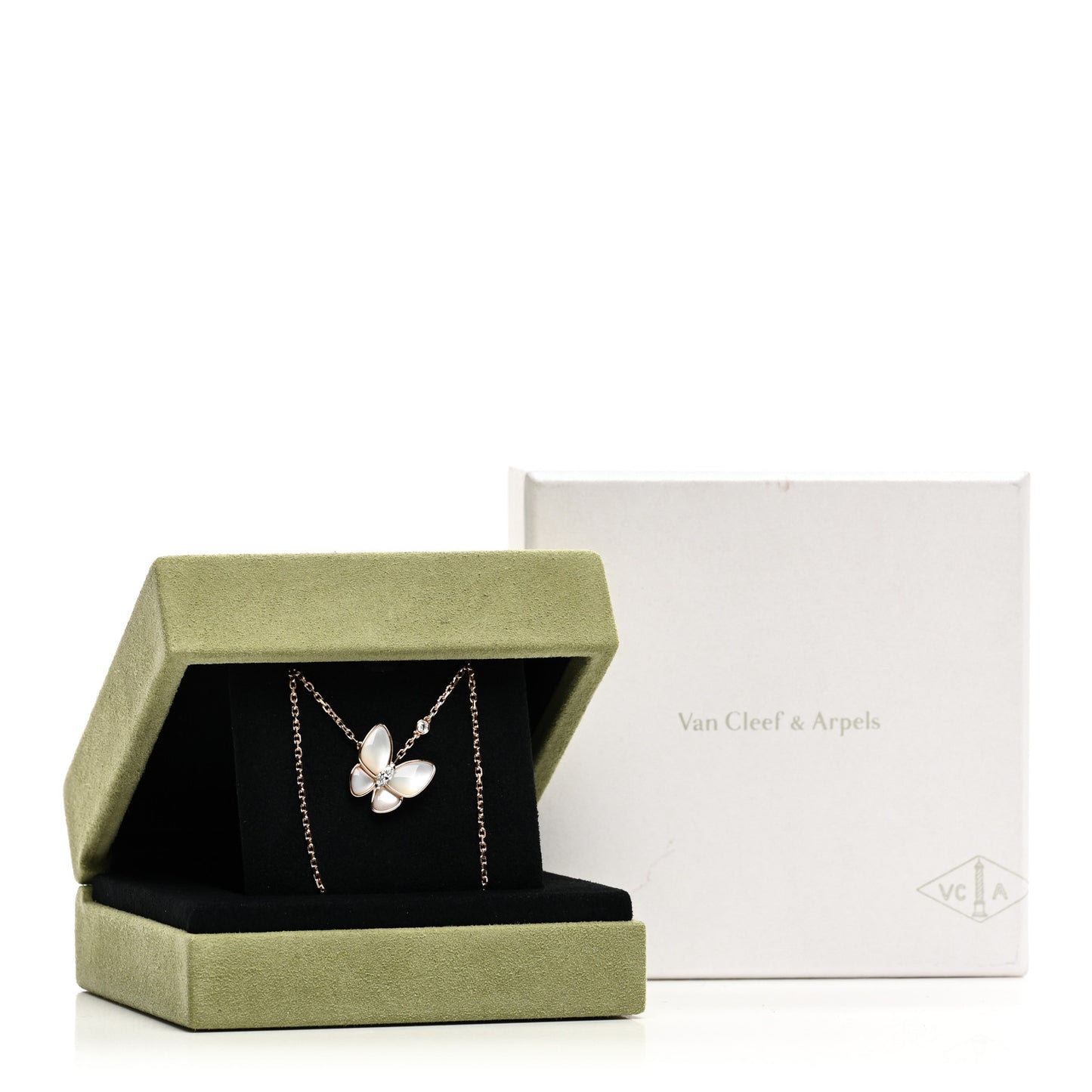 18K Rose Gold Diamond Mother of Pearl Two Butterfly Pendant Necklace