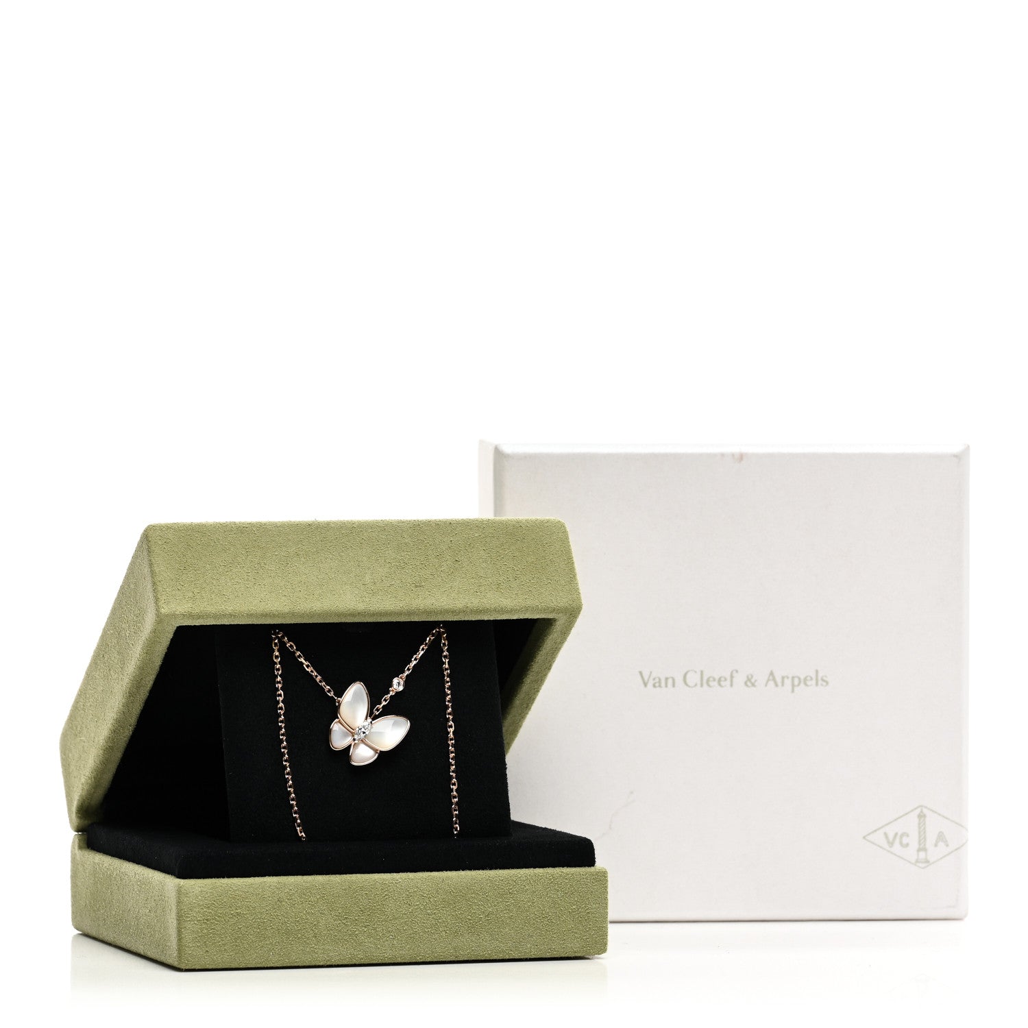 Van Cleef & Arpels 18K Rose Gold Diamond Mother of Pearl Two Butterfly Pendant Necklace 5 of 5